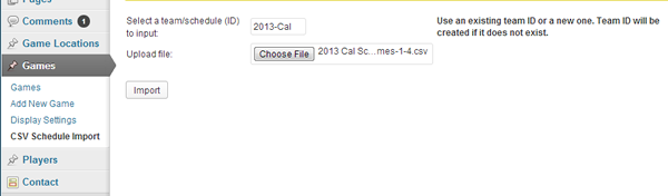 Game Schedules CSV File Upload Screen