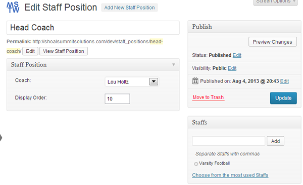 Add/Edit Staff Position Admin Screen