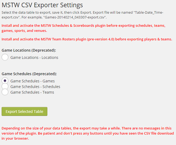 MSTW CSV Exporter Settings Screen