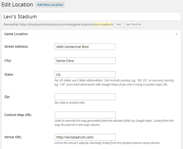 Add/Edit Location Admin Screen