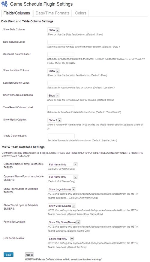 Display Settings - Data Fields