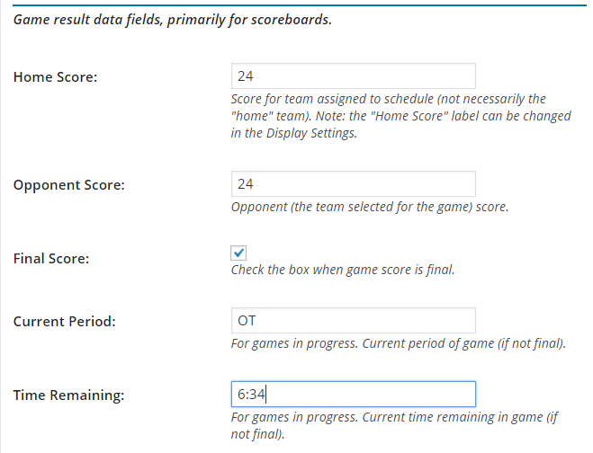 Game data for scoreboard