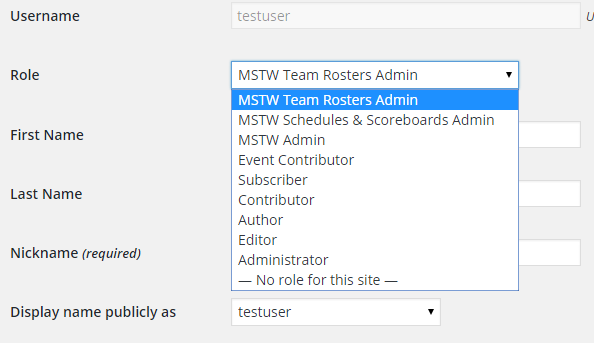 User Admin Screen with MSTW Roles